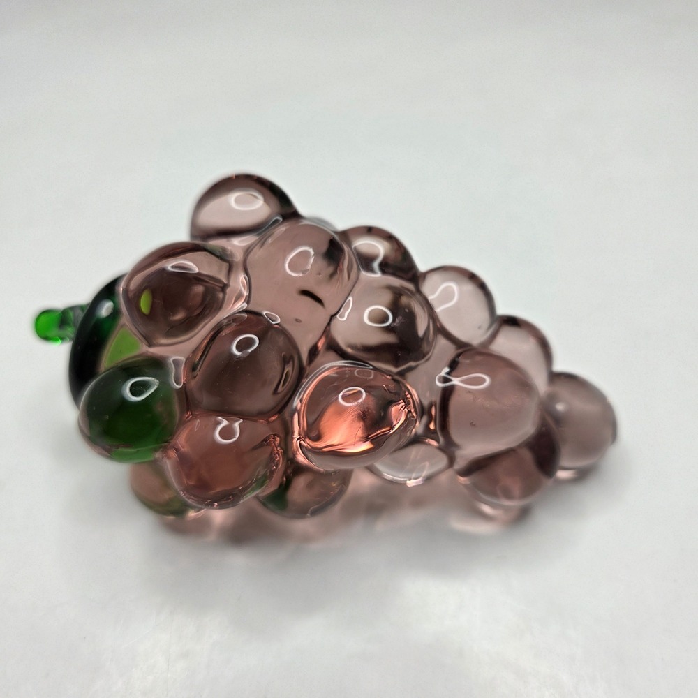 Vintage Art Glass Grape Cluster Figurine 4" Amethyst Purple Green Stem MCM Decor